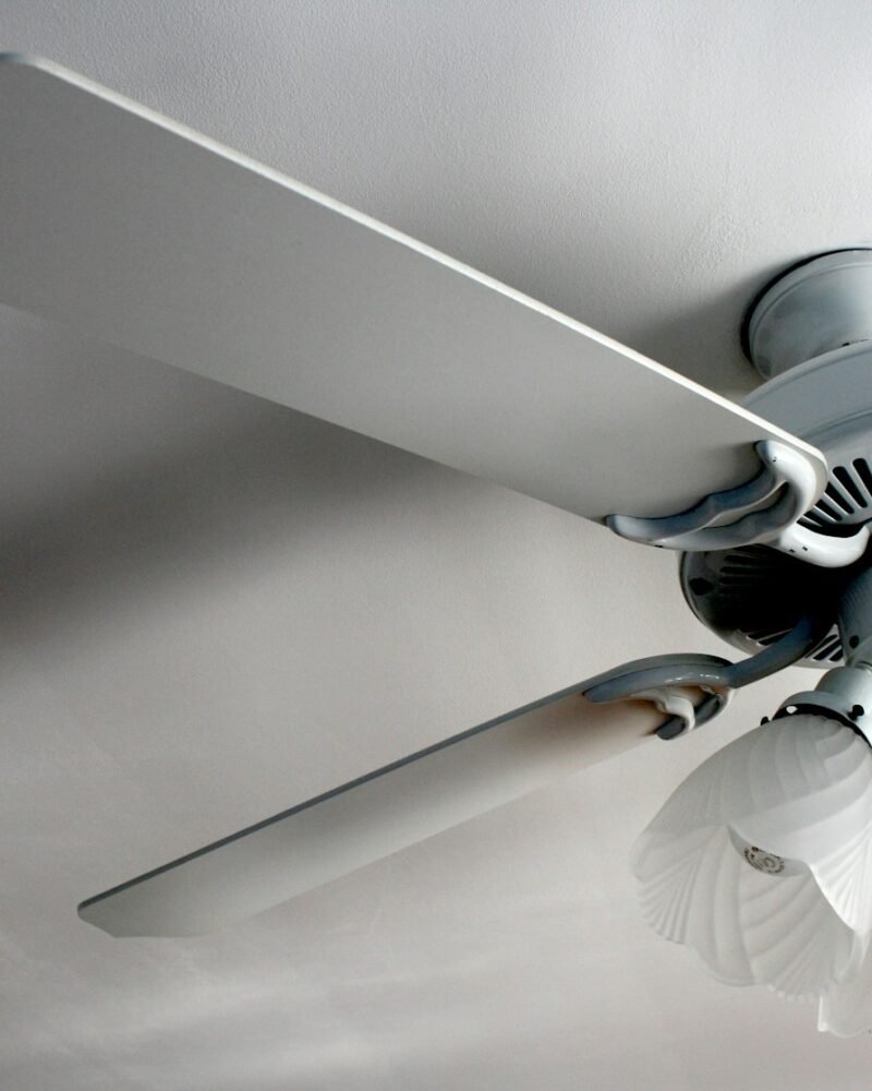 White designer ceiling fan in a bright, quiet room